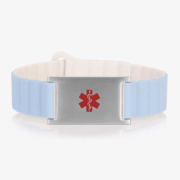 Urban MagSport Medical ID Bracelet in Powder Blue with Urban stainless steel medical ID tag, featuring a silver finish and red medical symbol