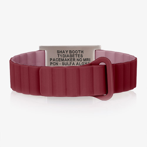 Sleek Urban MagSport medical alert bracelet in Merlot on wrist, showcasing a brushed silver Urban Gemini ID tag and hypoallergenic silicone band for comfort