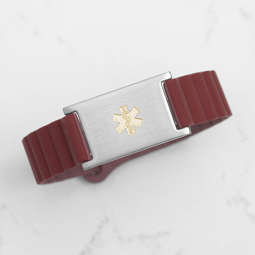 Comfortable Urban MagSport medical ID bracelet for women in Merlot, paired with a custom engraved Lauren’s Hope ID tag for clear medical identification