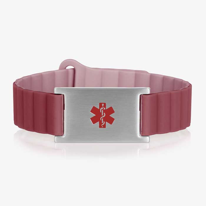Urban MagSport Medical ID Bracelet in Merlot with Urban stainless steel medical ID tag, featuring a silver finish and red medical symbol