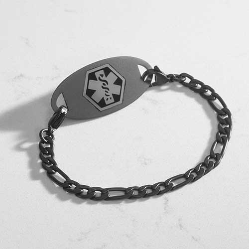 Sandblasted black, figaro style medical ID alert chain bracelet with decorative medical ID tag