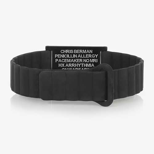 Fully Magnetic Urban MagSport medical ID bracelet in black, shown with Lauren's Hope custom engraved medical ID tag, designed for comfort and safety.