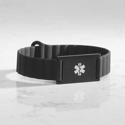 Urban MagSport Medical alert bracelet in Black, featuring a fully magnetic silicone band and stainless steel Lauren’s Hope medical ID tag