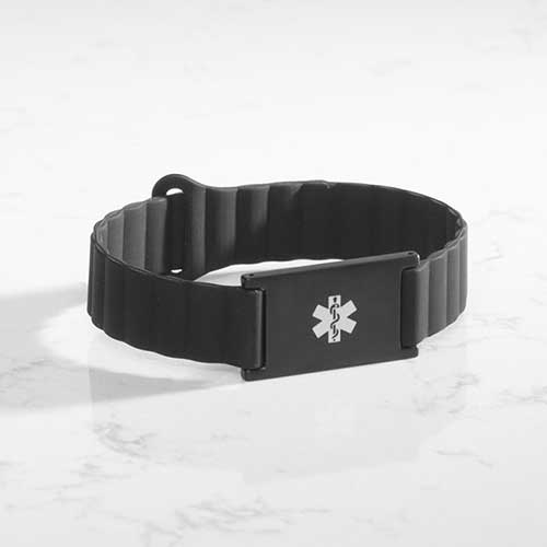 Urban MagSport Medical alert bracelet in Black, featuring a fully magnetic silicone band and stainless steel Lauren’s Hope medical ID tag