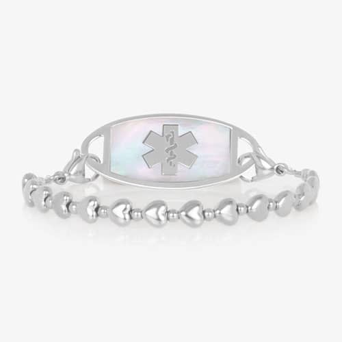 Silver beaded stretch medical alert bracelet with mother of pearl ID tag and caduceus symbol in elegant heart shape feminine design