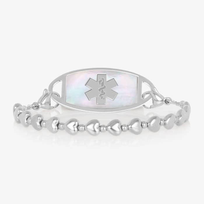 Silver beaded stretch medical alert bracelet with mother of pearl ID tag and caduceus symbol in elegant heart shape feminine design