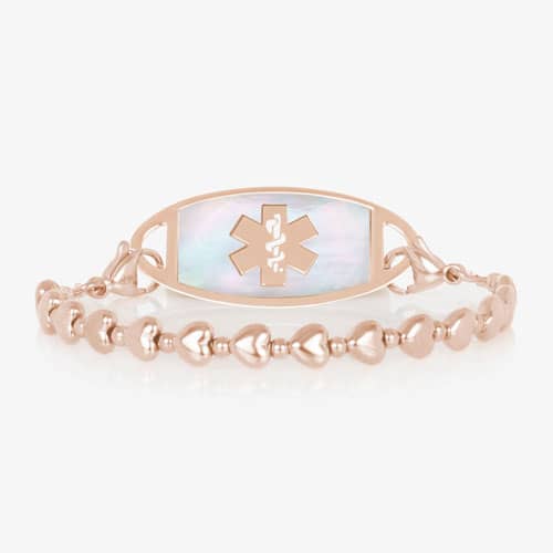 Rose Gold beaded stretch medical alert bracelet with mother of pearl ID tag and caduceus symbol in elegant heart shape feminine design