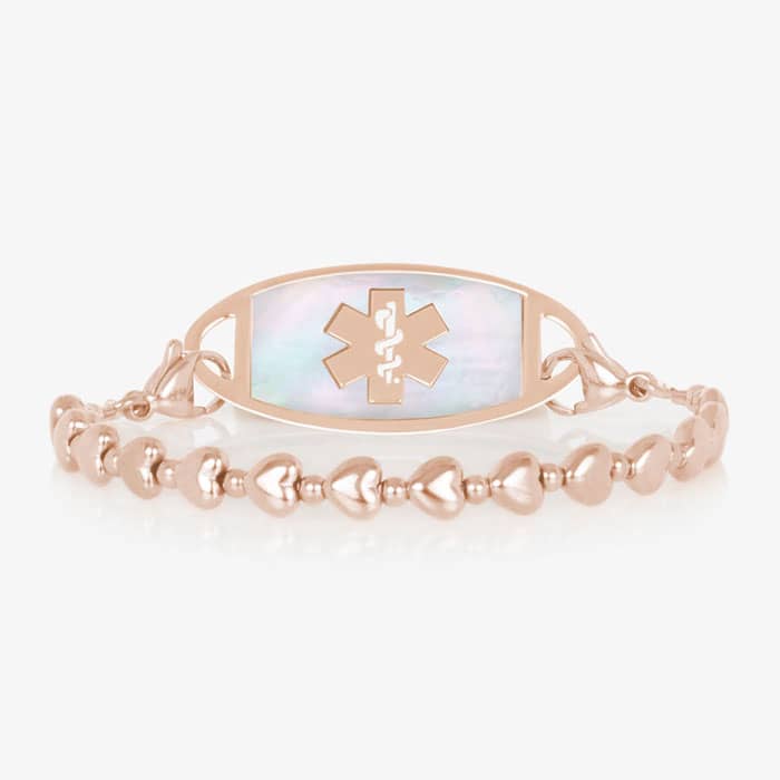 Rose Gold beaded stretch medical alert bracelet with mother of pearl ID tag and caduceus symbol in elegant heart shape feminine design