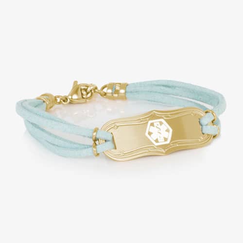 SmartSize Medical Id Bracelet with a light blue tone suede bands and adjustable chain attached to a Gold tone La Petite med ID tag