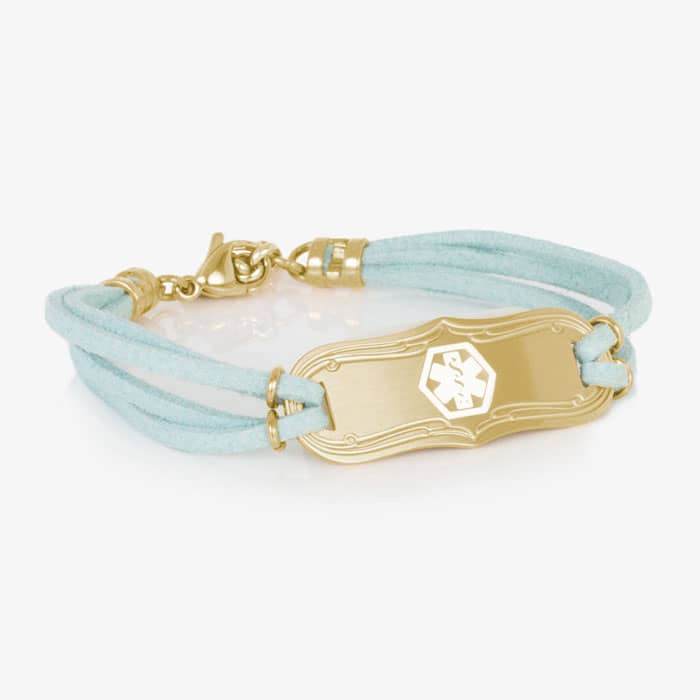SmartSize Medical Id Bracelet with a light blue tone suede bands and adjustable chain attached to a Gold tone La Petite med ID tag