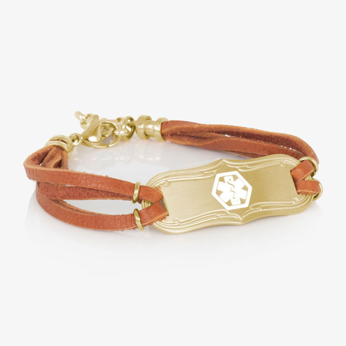 SmartSize Medical ID Bracelet with  suede, copper tone leather bands and adjustable chain. Gold tone La Petite med ID tag