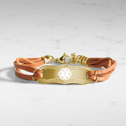 SmartSize Medical ID Bracelet with  suede, copper tone leather bands and adjustable chain. Gold tone La Petite med ID tag