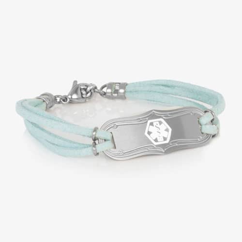 SmartSize Medical Id Bracelet with a light blue tone suede bands and adjustable chain attached to a Silver tone La Petite med ID tag