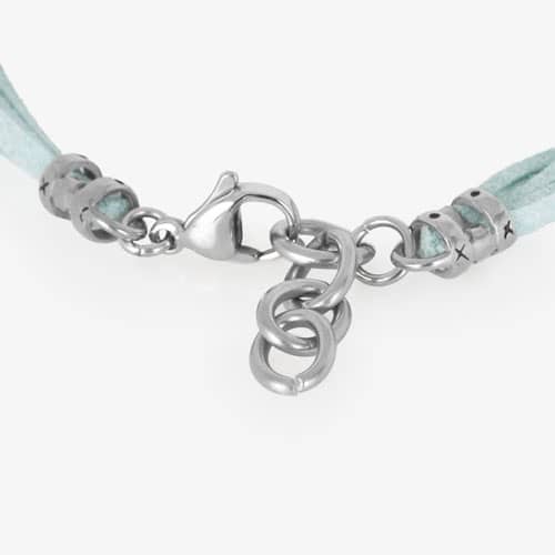 Light Blue Suede bands and adjustable Silver tone clasp. Fastens on wrist with a lobster claw clasp.