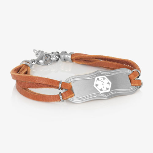 SmartSize Medical ID Bracelet with  suede, copper tone leather bands and adjustable chain. Silvertone La Petite med ID tag