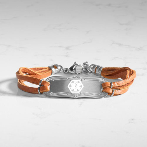 SmartSize Medical ID Bracelet with  suede, copper tone leather bands and adjustable chain. Silver tone La Petite med ID tag