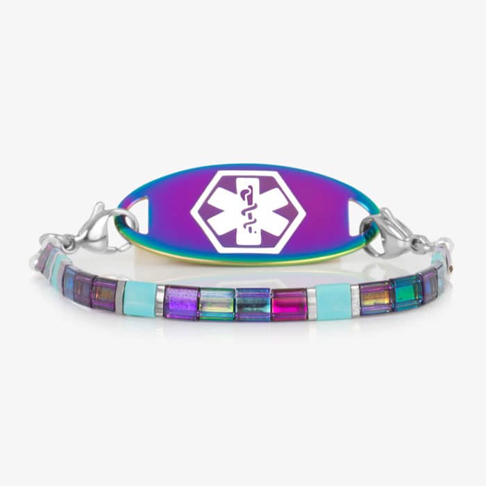 Colorful medical alert bracelet featuring an iridescent ID tag with a medical symbol and coordinating glass tile bead strand.