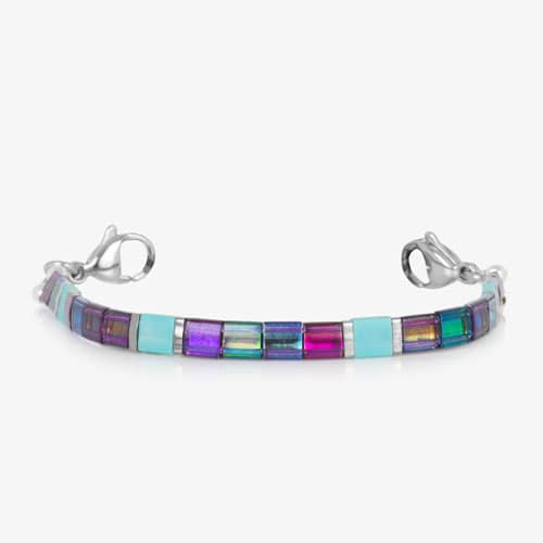 Twilight interchangeable bracelet featuring colorful iridescent glass tile beads, aqua accents, and secure lobster clasps.