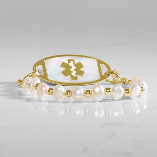 Gold pearl medical ID bracelet with freshwater pearls, gold beads, and mother of pearl inlay medical alert tag.