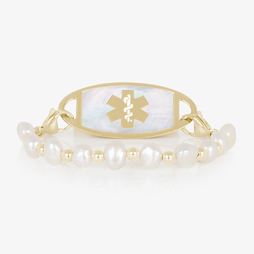 Freshwater pearl and gold bead interchangeable medical ID bracelet strand with lobster clasps.
