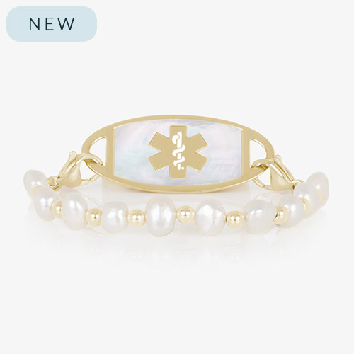 Freshwater pearl and gold bead interchangeable medical ID bracelet strand with lobster clasps.
