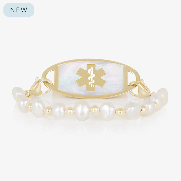Freshwater pearl and gold bead interchangeable medical ID bracelet strand with lobster clasps.