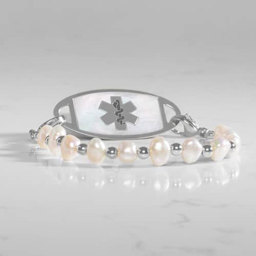 Silver pearl medical ID bracelet with freshwater pearls, Silver beads, and mother of pearl inlay medical alert tag.