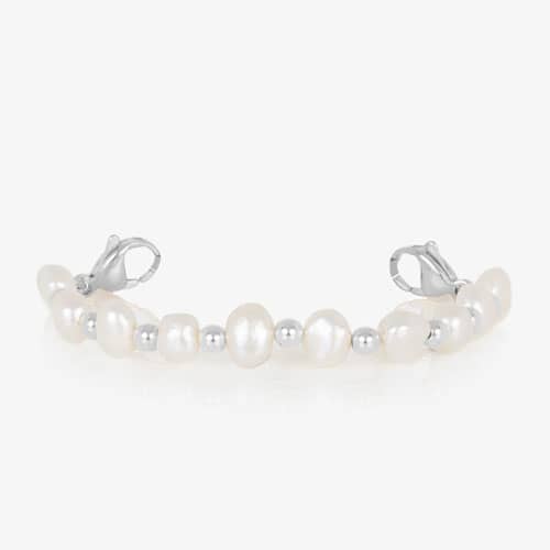 Silver medical ID bracelet with freshwater pearls and mother of pearl inlay tag on white background.