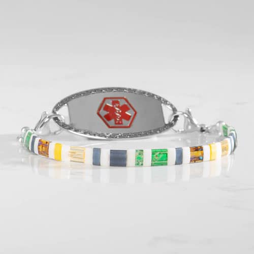 Colorful tiled bracelet paired with a silver-tone medical ID tag featuring a red Star of Life.
