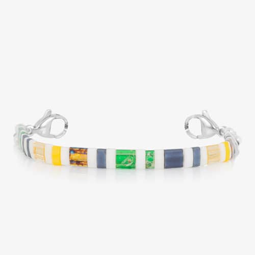Colorful tiled bracelet with white, slate blue, green, yellow, and amber accents and silver-tone lobster clasps.