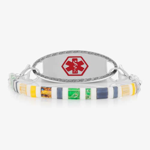 Colorful tiled bracelet paired with a silver-tone medical ID tag featuring a red Star of Life.