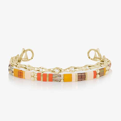 Three-strand gold-tone bracelet with colorful rectangular beads in orange, cream, brown, green, and red, shown without an ID tag.