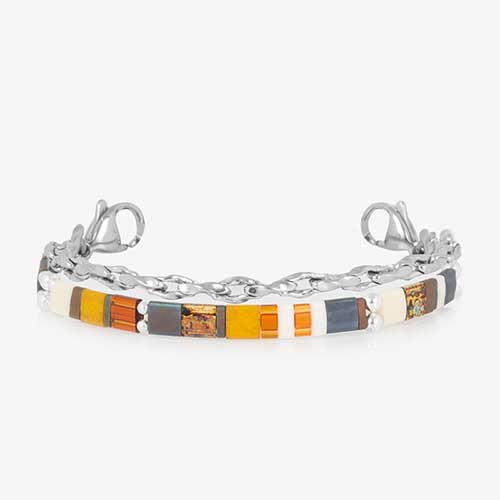 Two-strand silver-tone bracelet with colorful rectangular beads in orange, yellow, cream, brown, blue, and patterned accents.