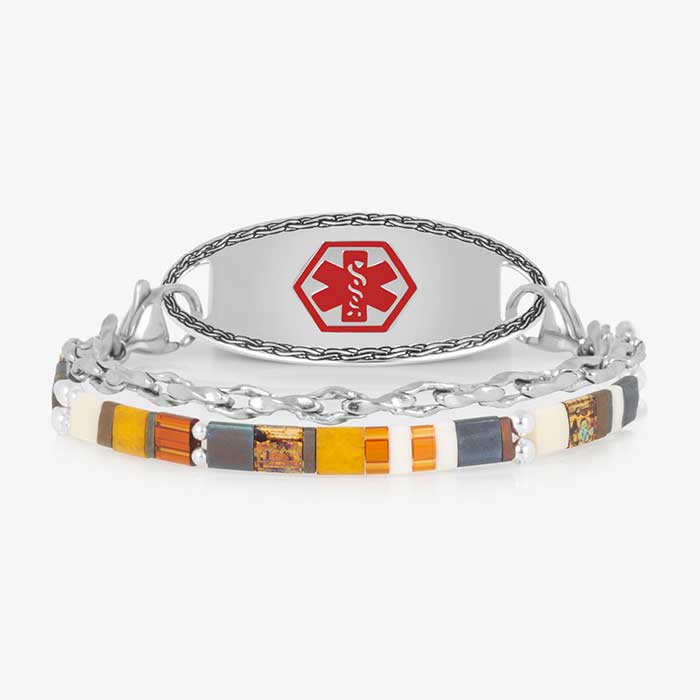Two-strand silver-tone medical ID bracelet with colorful rectangular beads and a red medical symbol on the ID tag.