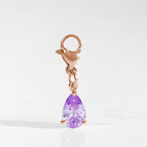Interchangeable Lynn Amethyst Teardrop Charm in Rose with lobster clasp, designed to move between Lauren’s Hope medical ID bracelets and necklaces