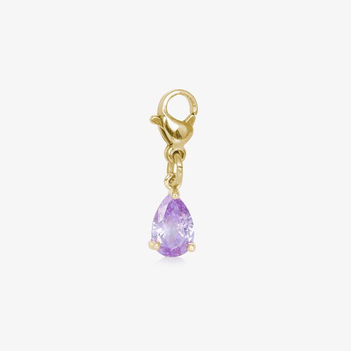 Lynn Amethyst Teardrop Charm in Gold with a teardrop-shaped amethyst cubic zirconia, perfect for Lauren’s Hope medical alert jewelry
