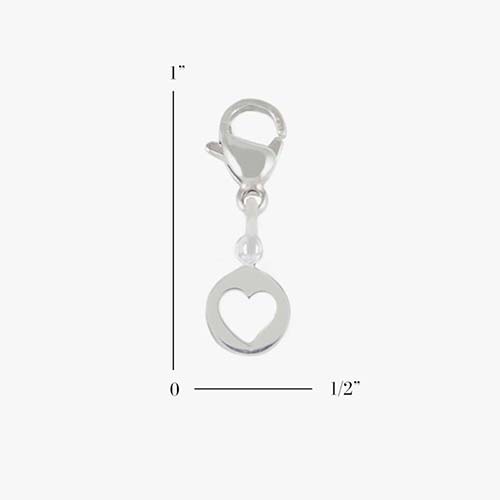 Scale of the 1-inch by 1/2-inch Sterling Silver Heart Cutout Charm, a heart cutout inside a small circle with a lobster clasp