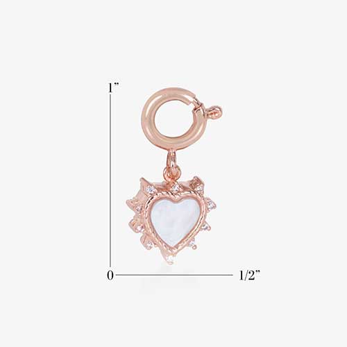 Rose Gold, heart shaped charm measuring 1 in tall by 1/2 inch wide