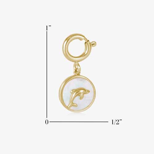 Cirlce shaped charm with dolphin measuring one inch tall and half an inch wide.
