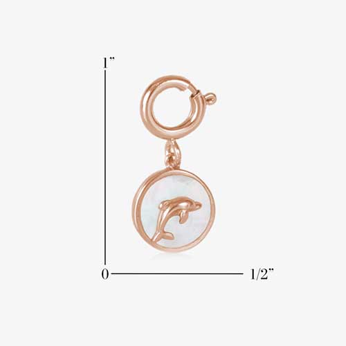 Circle shaped charm with dolphin inset on a field of mother of pearl measuring one inch by one half inch