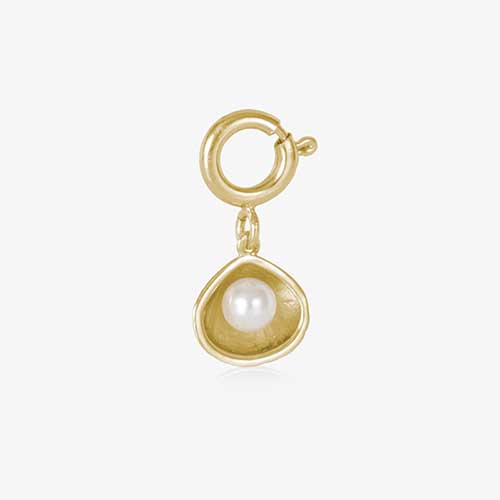 12k gold plated open oyster shell charm featuring a single, lustrous pearl.