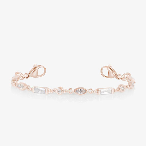 Rose gold tone medical ID bracelet with round, rectangle, and oval clear cubic zirconia crystals.