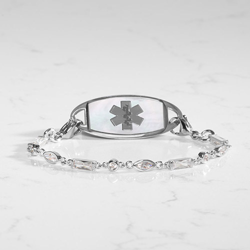 Cantata Medical ID Bracelet. Sterling silver with 3 shapes of cubic zirconia and silver-filled lobster clasp on each end. Pair with any LH interchangeable med ID tag