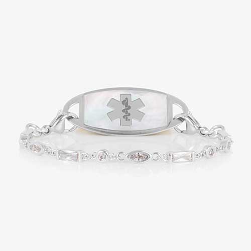 Cantata Medical ID Bracelet. Sterling silver with 3 shapes of cubic zirconia and silver-filled lobster clasp on each end. Pair with any LH interchangeable med ID tag