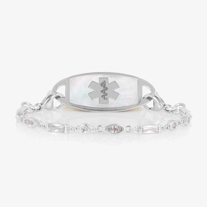 Cantata Medical ID Bracelet. Sterling silver with 3 shapes of cubic zirconia and silver-filled lobster clasp on each end. Pair with any LH interchangeable med ID tag