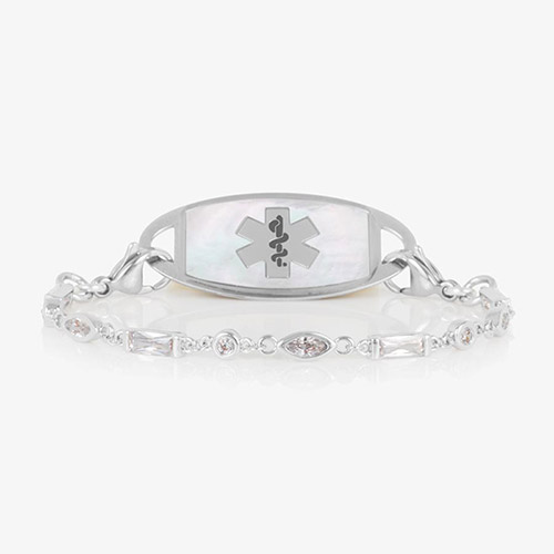 Cantata Medical ID Bracelet. Sterling silver with 3 shapes of cubic zirconia and silver-filled lobster clasp on each end. Pair with any LH interchangeable med ID tag