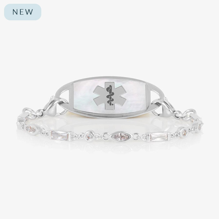 Cantata Medical ID Bracelet. Sterling silver with 3 shapes of cubic zirconia and silver-filled lobster clasp on each end. Pair with any LH interchangeable med ID tag