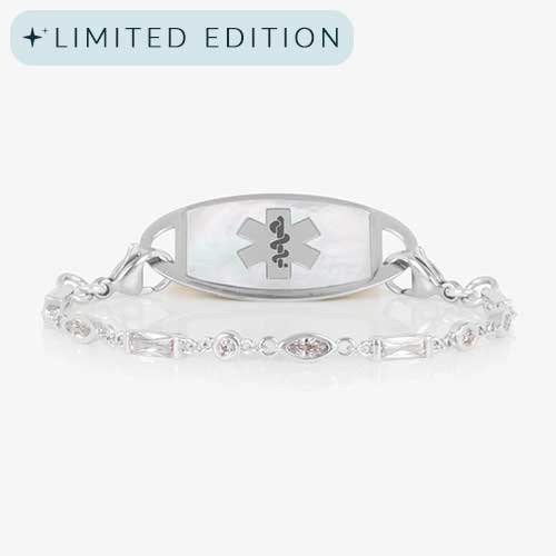 Cantata Medical ID Bracelet. Sterling silver with 3 shapes of cubic zirconia and silver-filled lobster clasp on each end. Pair with any LH interchangeable med ID tag