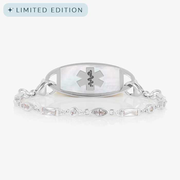 Cantata Medical ID Bracelet. Sterling silver with 3 shapes of cubic zirconia and silver-filled lobster clasp on each end. Pair with any LH interchangeable med ID tag