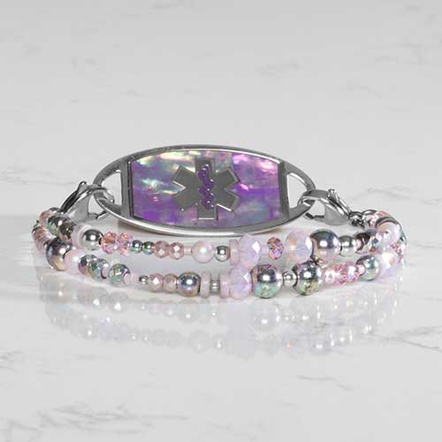 Lavender and pink beaded pearl medical alert bracelet with silver accents and decorative medical ID tag